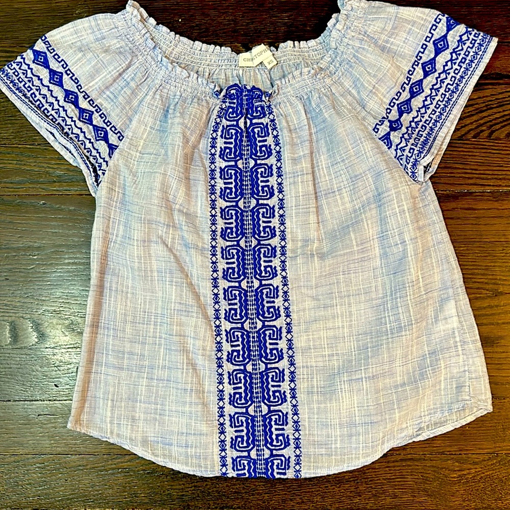 Christophe Sauvet off shoulder Embroidered Ly blue top